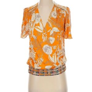 Tiny by Anthropologie Orange Embellished Notched Collar Blouse
